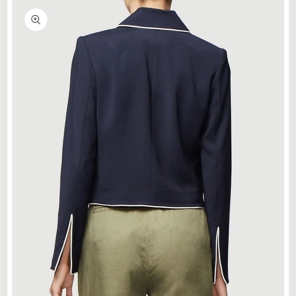 Frame Denim Piped Cropped Double Breasted Blazer Slit Cuff Navy Blue Sz 8 - Picture 3 of 16